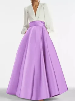 Evening Dress A-Line V-Neck Floor-Length Long Sleeves Zipper Pleated Satin Fabric Formal Party Dresses