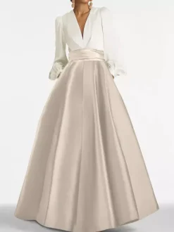 Evening Dress A-Line V-Neck Floor-Length Long Sleeves Zipper Pleated Satin Fabric Formal Party Dresses