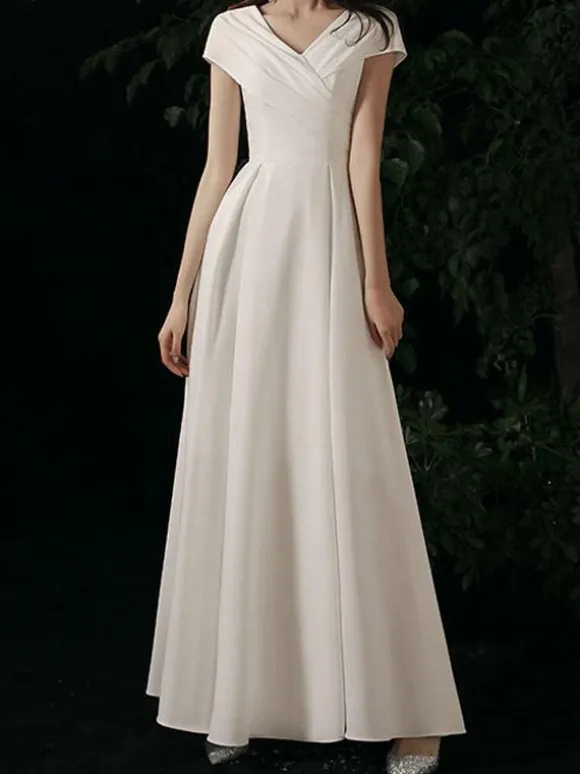 Evening Dress A-Line V-Neck Satin Fabric Floor-Length Social Party Dresses