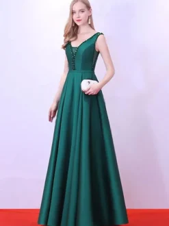 Evening Dress A-Line V-Neck Satin Fabric Floor-Length Beaded Formal Party Dresses