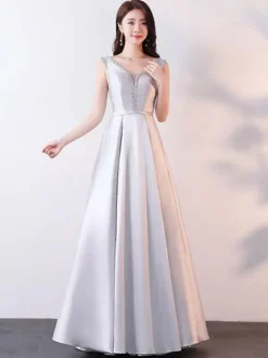 Evening Dress A-Line V-Neck Satin Fabric Floor-Length Beaded Formal Party Dresses