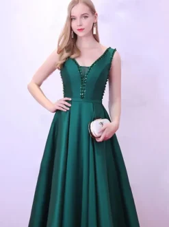 Evening Dress A-Line V-Neck Satin Fabric Floor-Length Beaded Formal Party Dresses