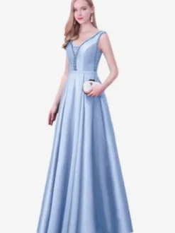 Evening Dress A-Line V-Neck Satin Fabric Floor-Length Beaded Formal Party Dresses