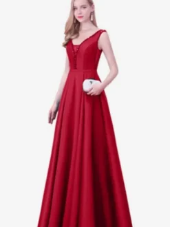 Evening Dress A-Line V-Neck Satin Fabric Floor-Length Beaded Formal Party Dresses