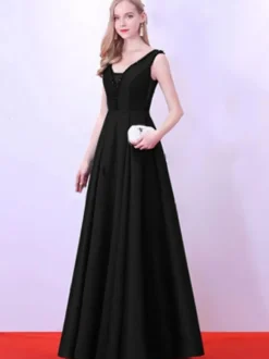 Evening Dress A-Line V-Neck Satin Fabric Floor-Length Beaded Formal Party Dresses