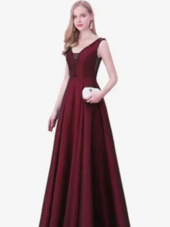 Evening Dress A-Line V-Neck Satin Fabric Floor-Length Beaded Formal Party Dresses