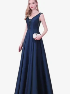 Evening Dress A-Line V-Neck Satin Fabric Floor-Length Beaded Formal Party Dresses