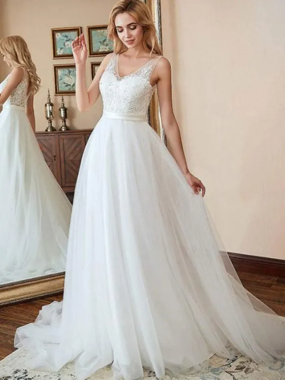 Evening Dress A-Line V-Neck With Train Sleeveless Zipper Applique Tulle Formal Party Dresses