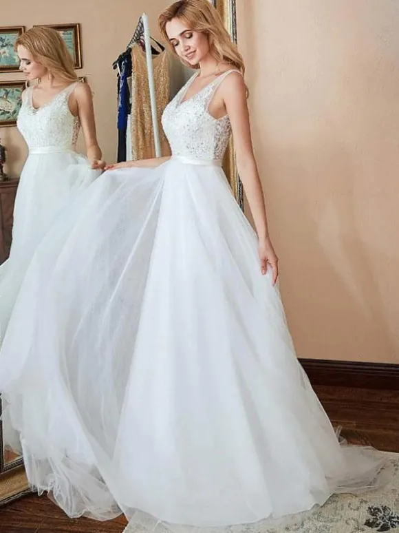 Evening Dress A-Line V-Neck With Train Sleeveless Zipper Applique Tulle Formal Party Dresses
