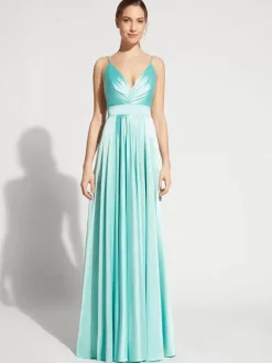 Evening Dress A-Line V-Neck Elastic Silk Like Satin Floor-Length Formal Party Dresses Free Customization