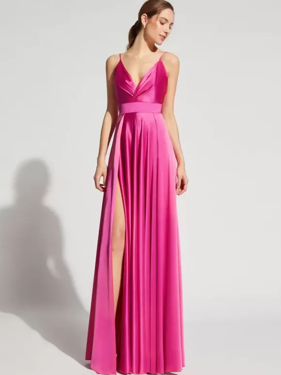 Evening Dress A-Line V-Neck Elastic Silk Like Satin Floor-Length Formal Party Dresses Free Customization