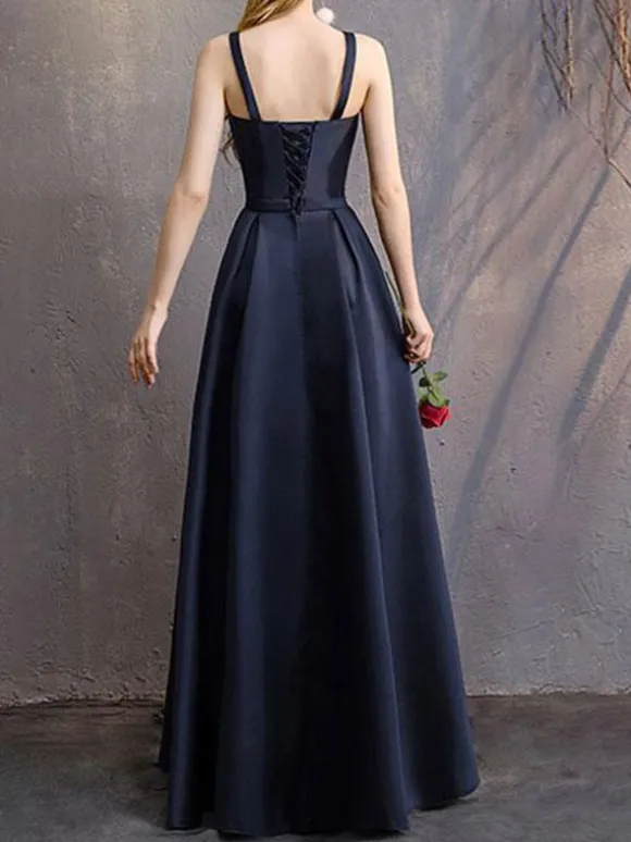 Evening Dress A-Line V-Neck Polyester Floor-Length Formal Party Dresses