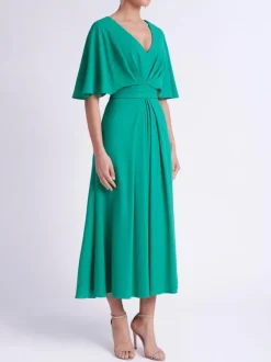 Evening Dress A-Line V-Neck Tea-Length Short Sleeves Backless Elastic Silk Like Satin Formal Party Dresses Free Customization