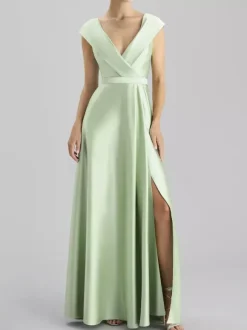 Evening Dress A-Line V-Neck Floor-Length Sleeveless Zipper Sash Satin Fabric Formal Dinner Dresses
