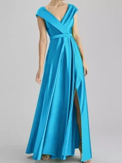 Evening Dress A-Line V-Neck Floor-Length Sleeveless Zipper Sash Satin Fabric Formal Dinner Dresses