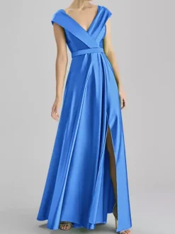 Evening Dress A-Line V-Neck Floor-Length Sleeveless Zipper Sash Satin Fabric Formal Dinner Dresses