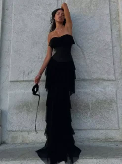 Evening Dress Ball Gown Designed Neckline With Train Sleeveless Lace-up Tiered Tulle Formal Party Dresses