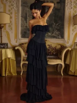 Evening Dress Ball Gown Designed Neckline With Train Sleeveless Lace-up Tiered Tulle Formal Party Dresses