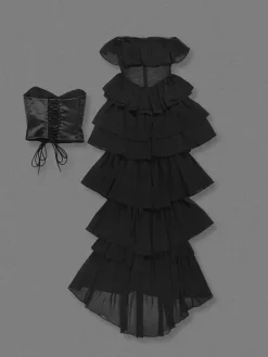 Evening Dress Ball Gown Designed Neckline With Train Sleeveless Lace-up Tiered Tulle Formal Party Dresses