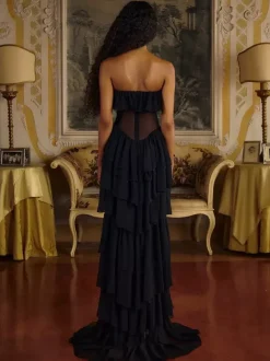 Evening Dress Ball Gown Designed Neckline With Train Sleeveless Lace-up Tiered Tulle Formal Party Dresses
