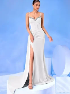 Evening Dress Ball Gown Designed Neckline With Train Sleeveless Zipper Split Front Satin Fabric Formal Party Dresses