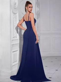 Evening Dress Ball Gown Designed Neckline With Train Sleeveless Zipper Split Front Satin Fabric Formal Party Dresses