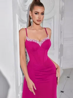 Evening Dress Ball Gown Designed Neckline With Train Sleeveless Zipper Split Front Satin Fabric Formal Party Dresses