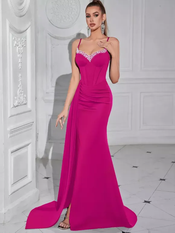 Evening Dress Ball Gown Designed Neckline With Train Sleeveless Zipper Split Front Satin Fabric Formal Party Dresses