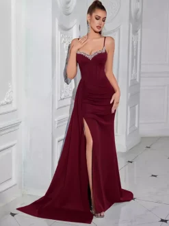 Evening Dress Ball Gown Designed Neckline With Train Sleeveless Zipper Split Front Satin Fabric Formal Party Dresses