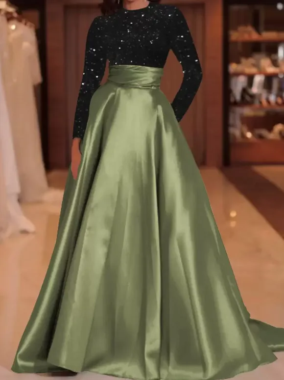 Evening Dress Ball Gown Jewel Neck With Train Long Sleeves Zipper Sequins Velour Social Pageant Dresses