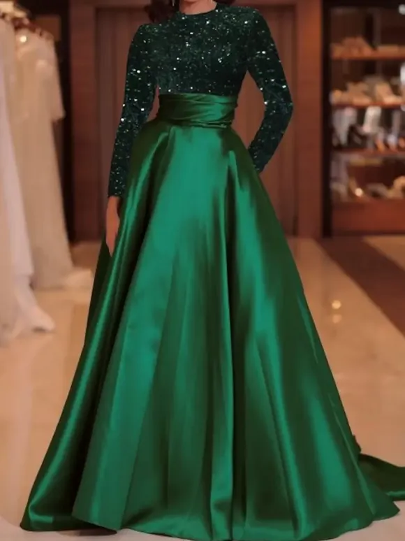 Evening Dress Ball Gown Jewel Neck With Train Long Sleeves Zipper Sequins Velour Social Pageant Dresses