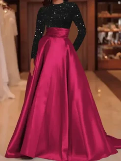 Evening Dress Ball Gown Jewel Neck With Train Long Sleeves Zipper Sequins Velour Social Pageant Dresses