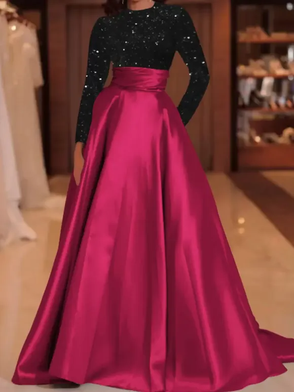 Evening Dress Ball Gown Jewel Neck With Train Long Sleeves Zipper Sequins Velour Social Pageant Dresses