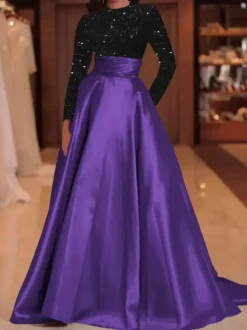 Evening Dress Ball Gown Jewel Neck With Train Long Sleeves Zipper Sequins Velour Social Pageant Dresses