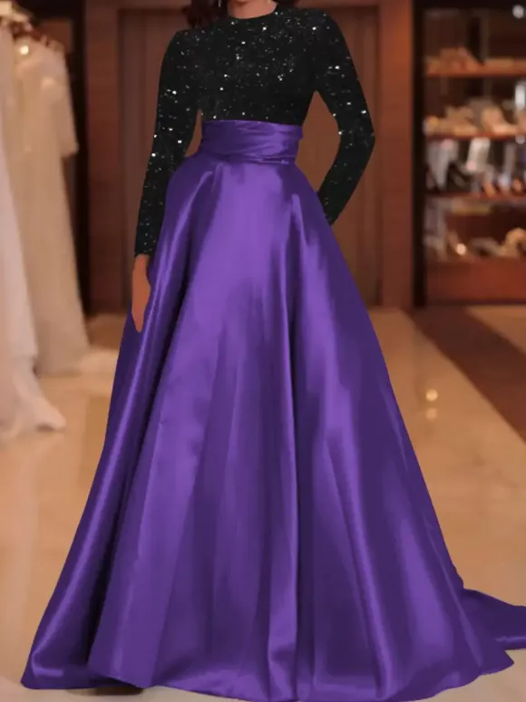 Evening Dress Ball Gown Jewel Neck With Train Long Sleeves Zipper Sequins Velour Social Pageant Dresses