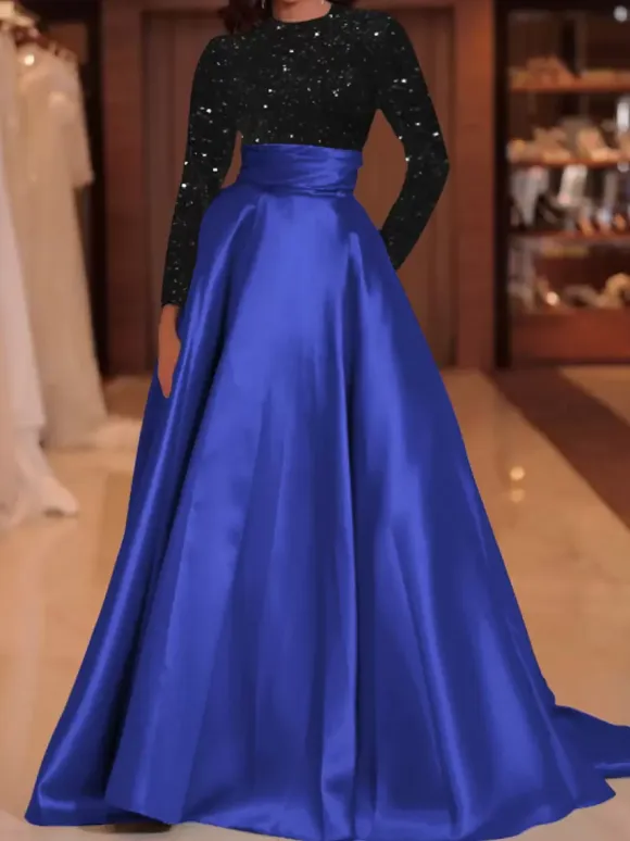 Evening Dress Ball Gown Jewel Neck With Train Long Sleeves Zipper Sequins Velour Social Pageant Dresses