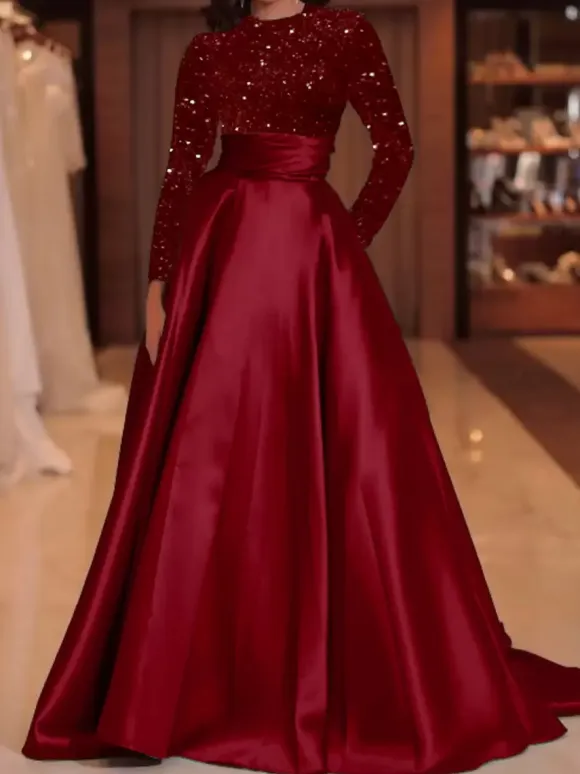 Evening Dress Ball Gown Jewel Neck With Train Long Sleeves Zipper Sequins Velour Social Pageant Dresses