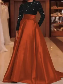 Evening Dress Ball Gown Jewel Neck With Train Long Sleeves Zipper Sequins Velour Social Pageant Dresses