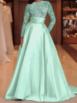 Evening Dress Ball Gown Jewel Neck With Train Long Sleeves Zipper Sequins Velour Social Pageant Dresses
