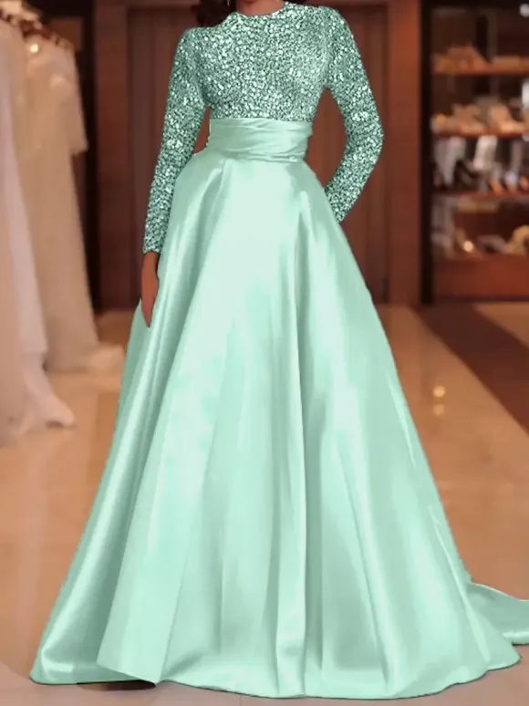 Evening Dress Ball Gown Jewel Neck With Train Long Sleeves Zipper Sequins Velour Social Pageant Dresses