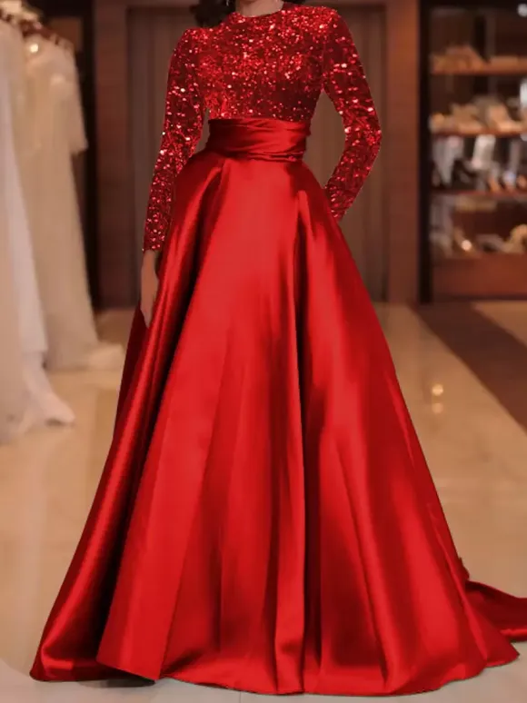 Evening Dress Ball Gown Jewel Neck With Train Long Sleeves Zipper Sequins Velour Social Pageant Dresses