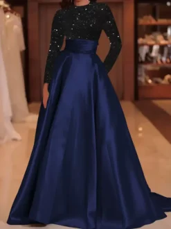 Evening Dress Ball Gown Jewel Neck With Train Long Sleeves Zipper Sequins Velour Social Pageant Dresses