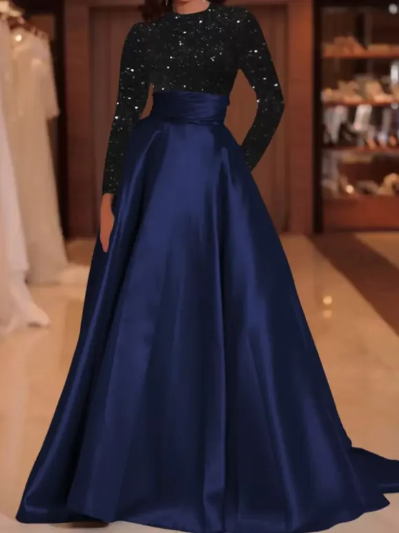 Evening Dress Ball Gown Jewel Neck With Train Long Sleeves Zipper Sequins Velour Social Pageant Dresses