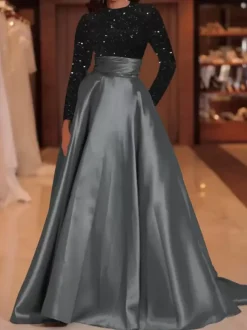Evening Dress Ball Gown Jewel Neck With Train Long Sleeves Zipper Sequins Velour Social Pageant Dresses