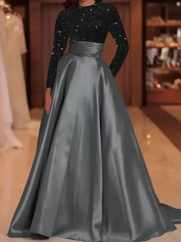 Evening Dress Ball Gown Jewel Neck With Train Long Sleeves Zipper Sequins Velour Social Pageant Dresses