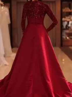 Evening Dress Ball Gown Jewel Neck With Train Long Sleeves Zipper Sequins Velour Social Pageant Dresses