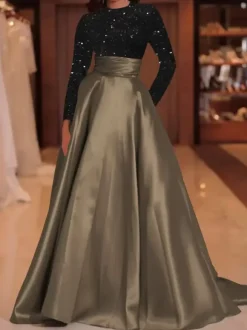 Evening Dress Ball Gown Jewel Neck With Train Long Sleeves Zipper Sequins Velour Social Pageant Dresses