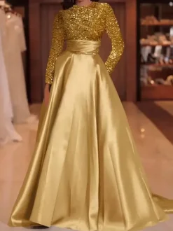 Evening Dress Ball Gown Jewel Neck With Train Long Sleeves Zipper Sequins Velour Social Pageant Dresses