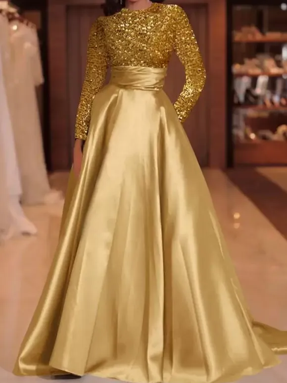Evening Dress Ball Gown Jewel Neck With Train Long Sleeves Zipper Sequins Velour Social Pageant Dresses