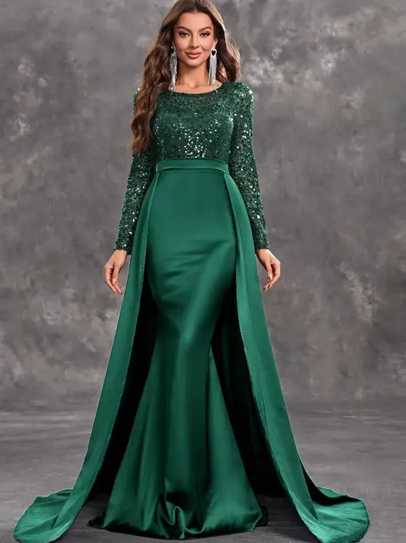 Evening Dress Ball Gown Jewel Neck With Train Long Sleeves Zipper Sequins Satin Fabric Formal Dinner Dresses